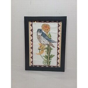 Vintage Hand Stitched Falcon Cross Stitch Framed Wood Art Cottagecore 8"x6"